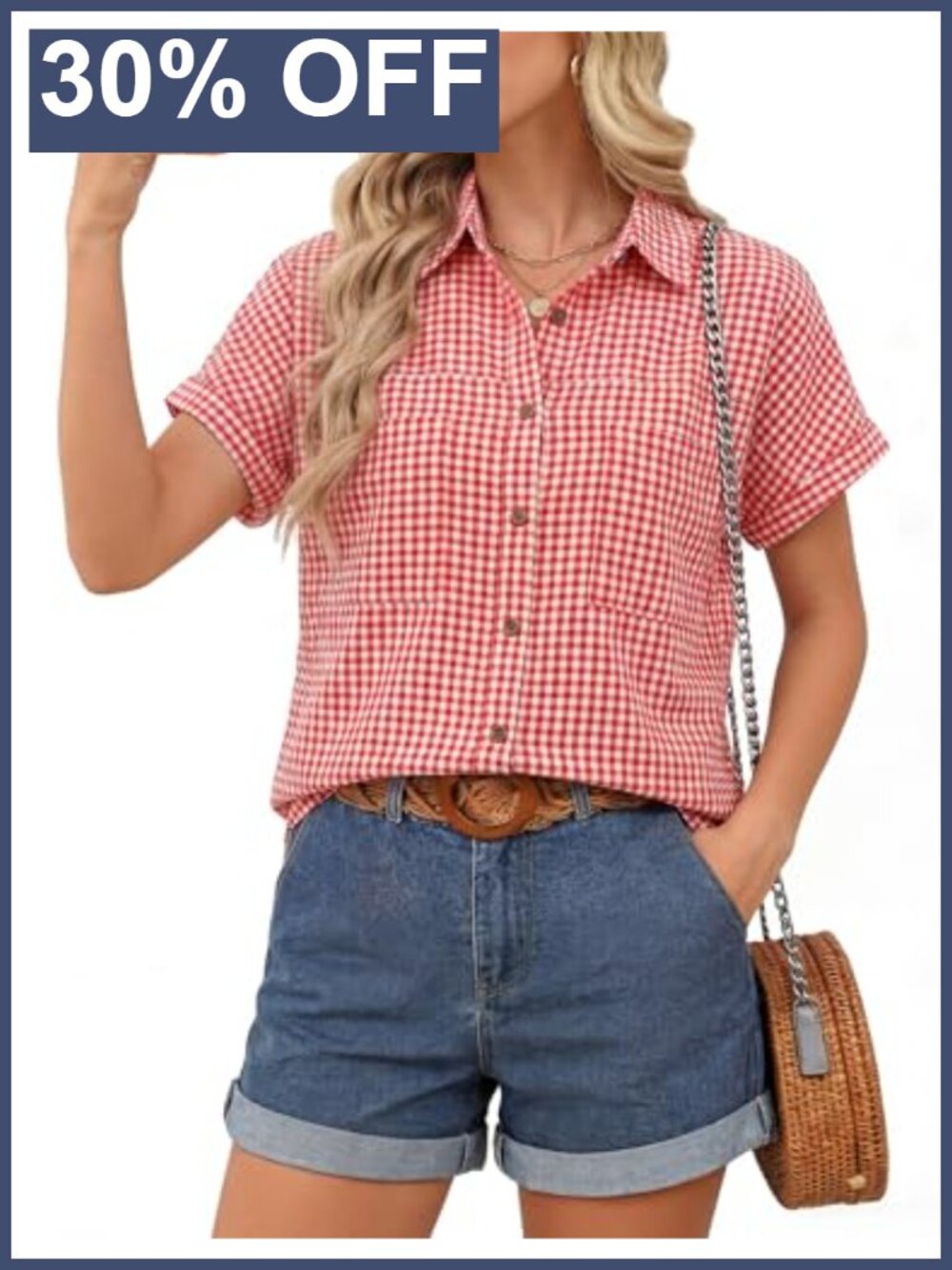 Womens Button Down Shirt Short Sleeve Gingham Tunic Top Pockets